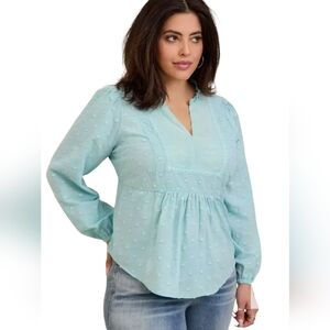 Torrid 2X Clip Dot Mixed Eyelet Yoke Detail Top Mint Canal Blue Boho 100% Cotton